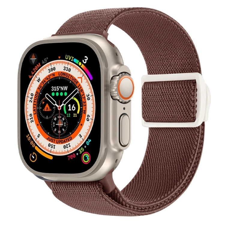 Brown nylon Apple Watch band with adjustable loop closure.