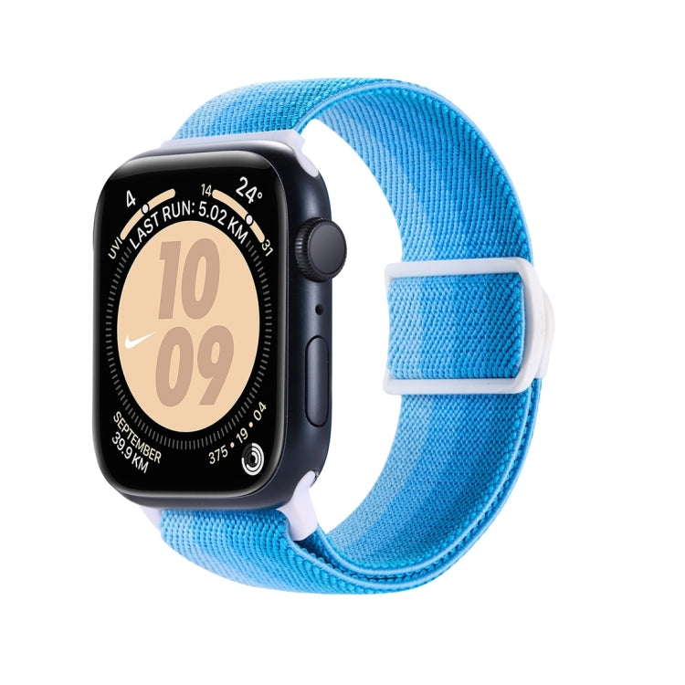 Bright blue nylon Apple Watch band with a woven texture and snap buckle