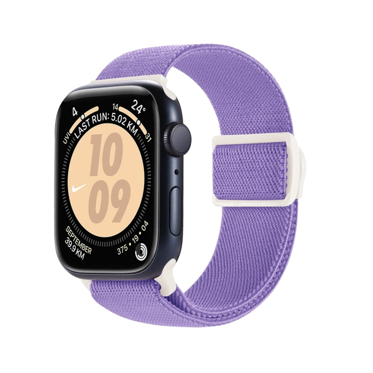 Apple Watch with purple woven nylon band and white snap buckle