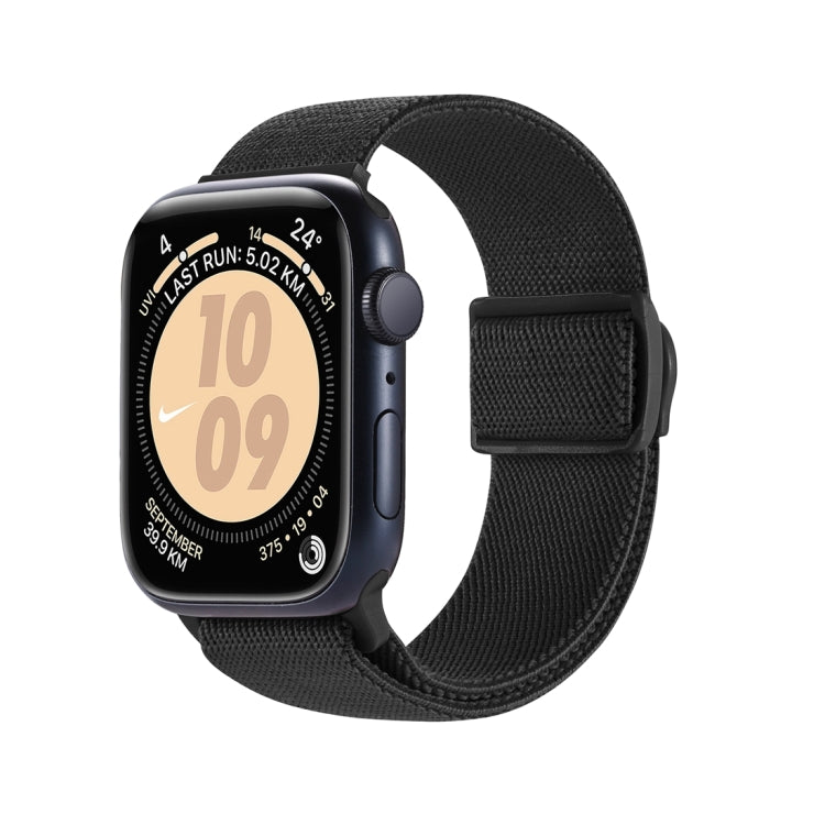 Black nylon Apple Watch band with a woven texture and snap buckle