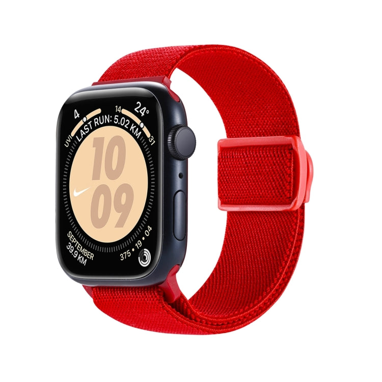Red nylon Apple Watch band with a woven texture and snap buckle