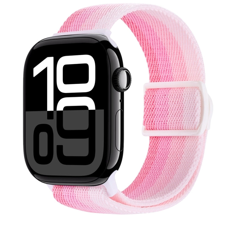 Pink nylon snap buckle watch band with woven texture, white keeper strap