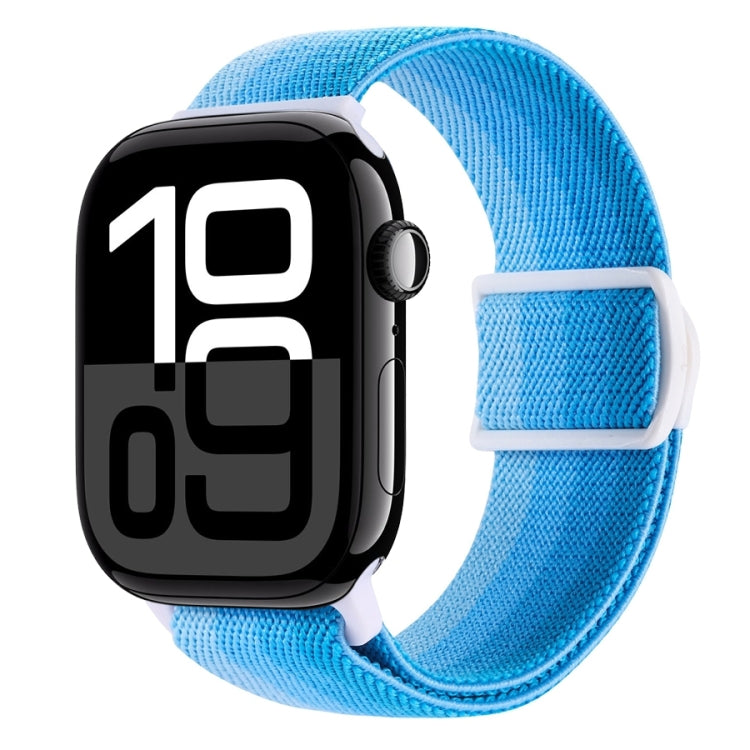 Blue nylon snap buckle watch band with woven texture, white keeper strap