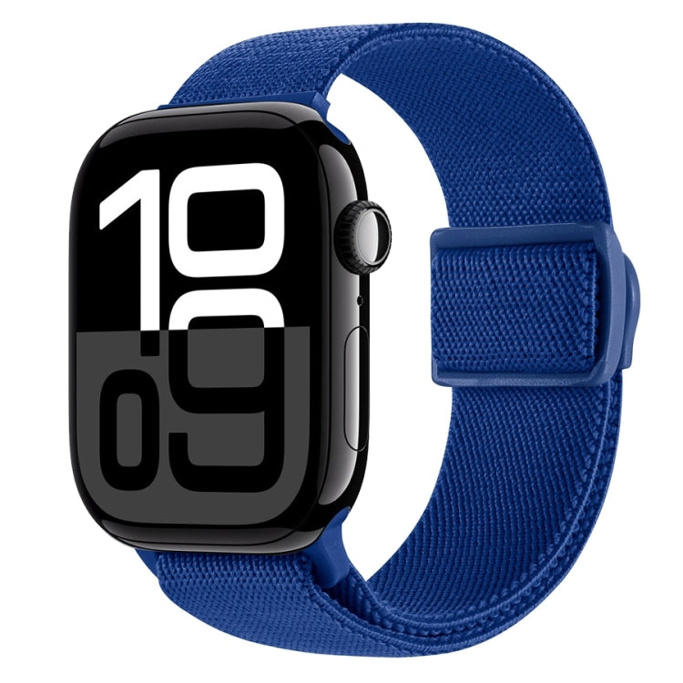 Dark blue nylon snap buckle watch band with woven texture and matching keeper strap