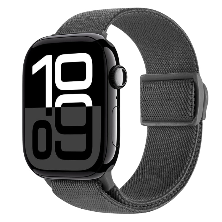 Dark gray nylon watch band with snap buckle for Apple Watch, carbon-fiber texture.
