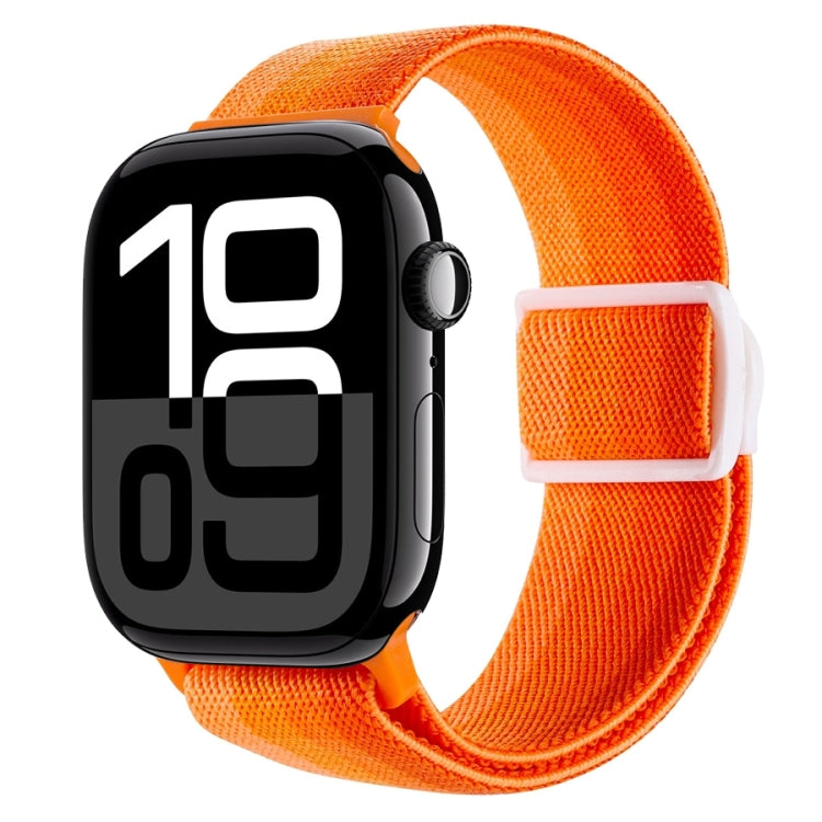 Orange nylon watch band with snap buckle for Apple Watch, carbon-fiber texture.