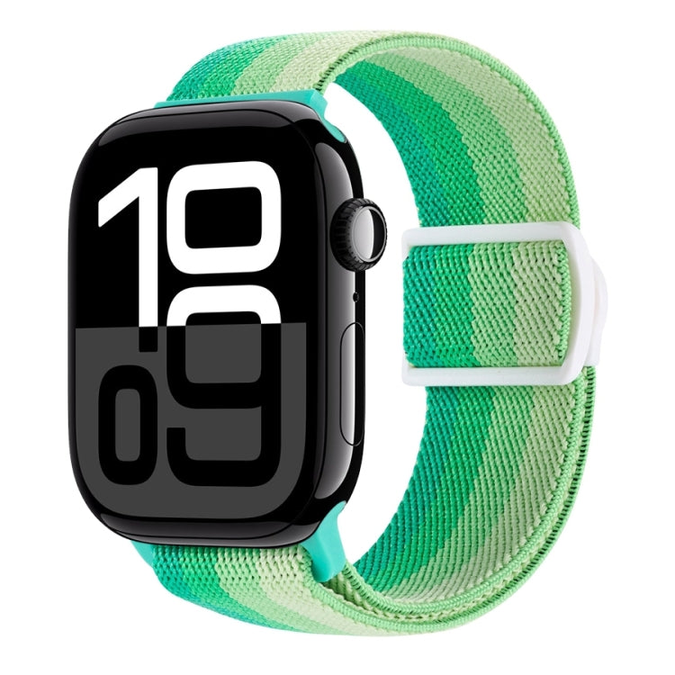 Green gradient nylon watch band with snap buckle for Apple Watch, carbon-fiber texture.