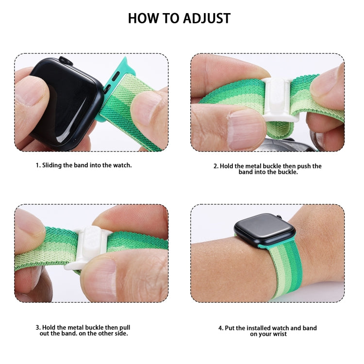 Snap buckle nylon watch band shown in step-by-step adjustment closeups