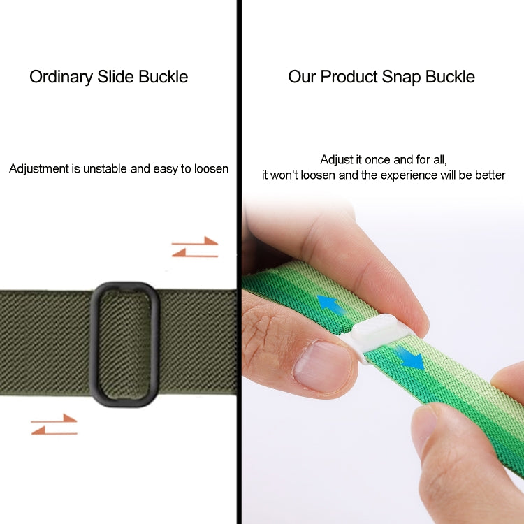 Snap buckle comparison shows a nylon watch band secured with a white buckle.