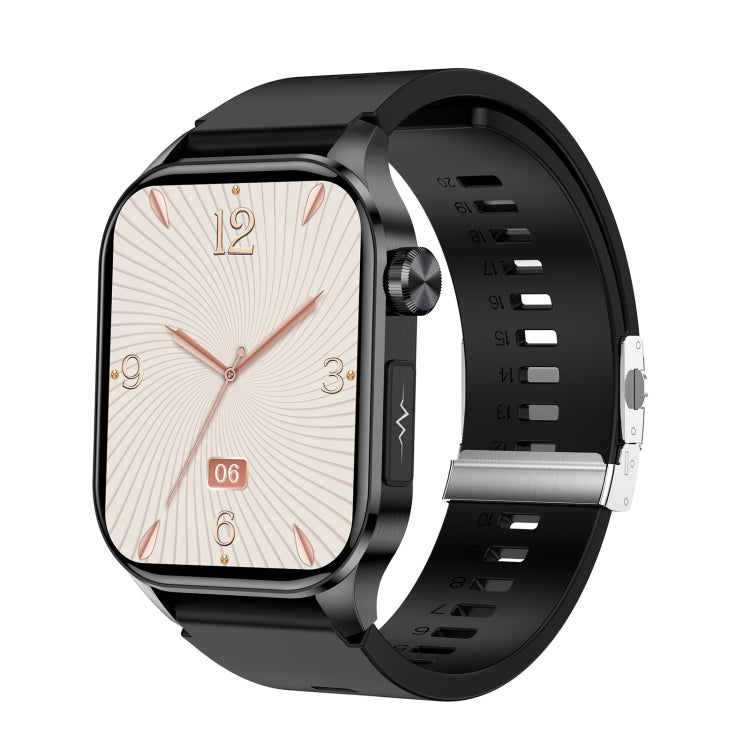 Black smartwatch with rectangular analog-style display and metal butterfly clasp