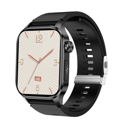 Black smartwatch with rectangular analog-style display and metal butterfly clasp