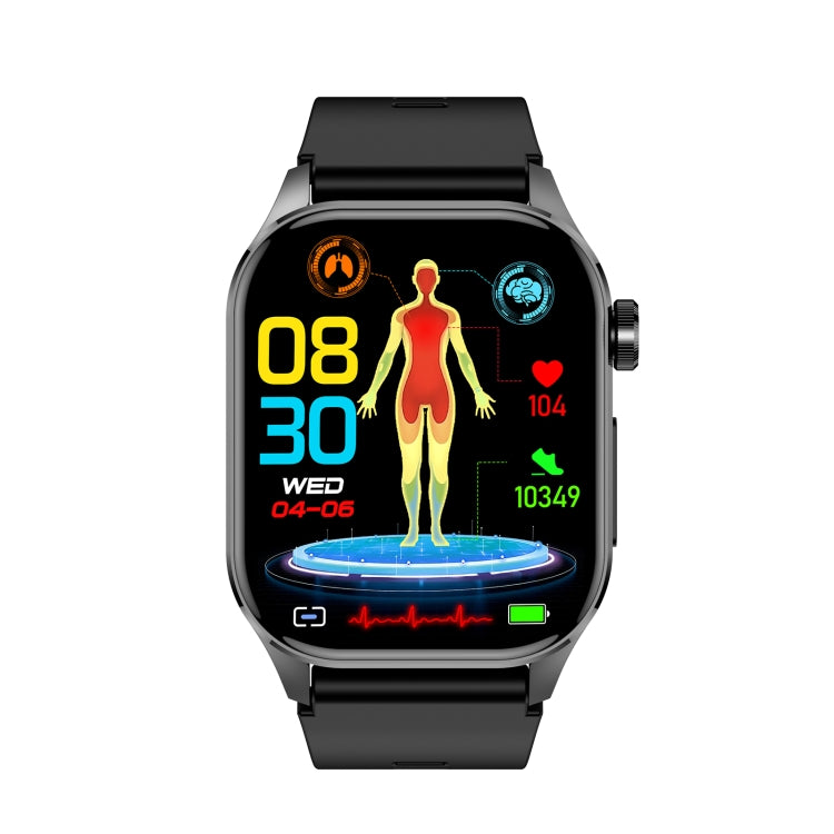 Black smartwatch with health dashboard and silicone band