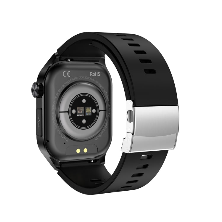 Back of black smartwatch showing sensor array and metal butterfly clasp