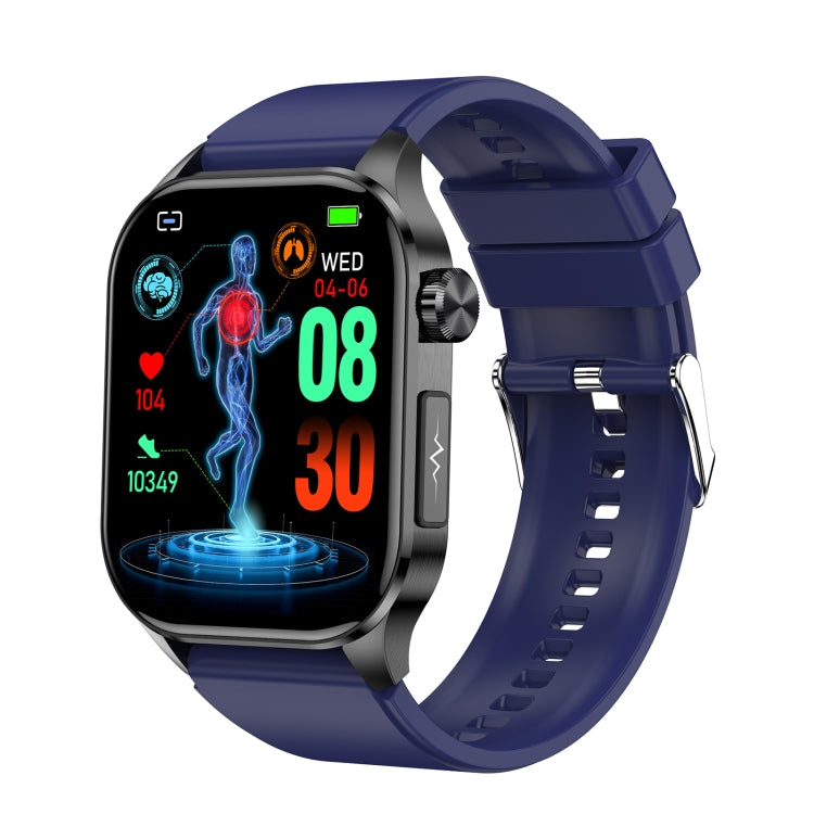 Smartwatch with blue silicone band and health dashboard