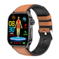 Smartwatch with orange-brown band and health dashboard