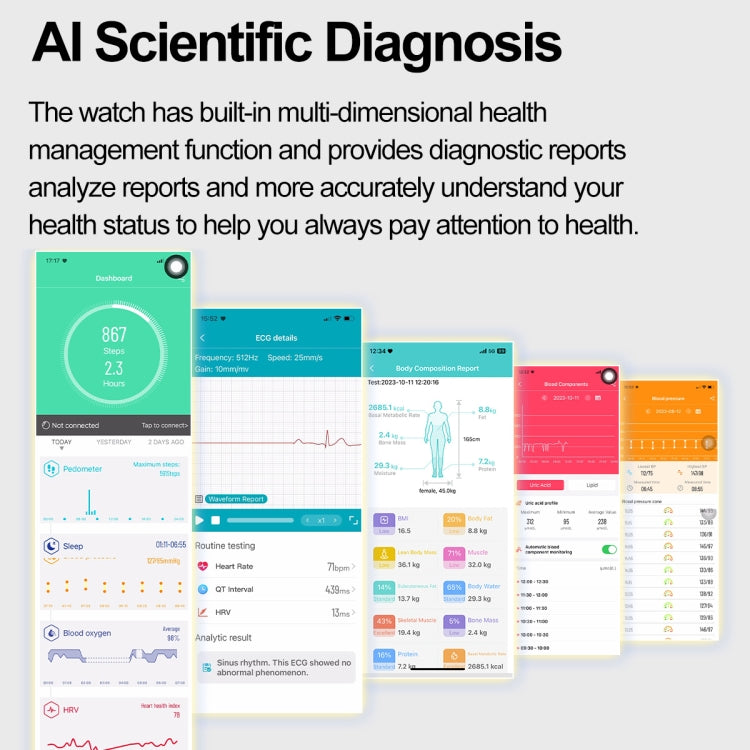 ET580 smartwatch app screens showing health data and analysis reports