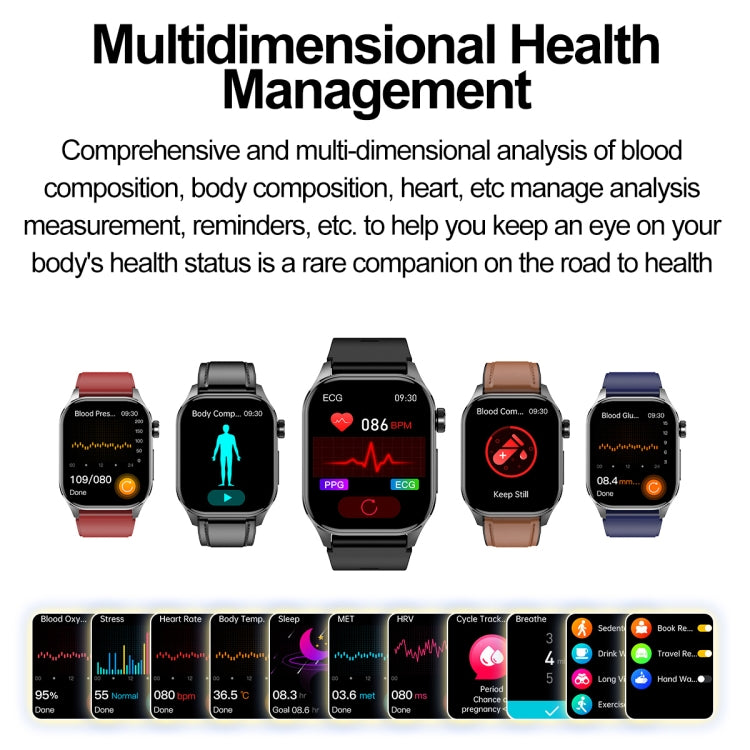 ET580 smartwatch lineup showing health tracking screens and band colors