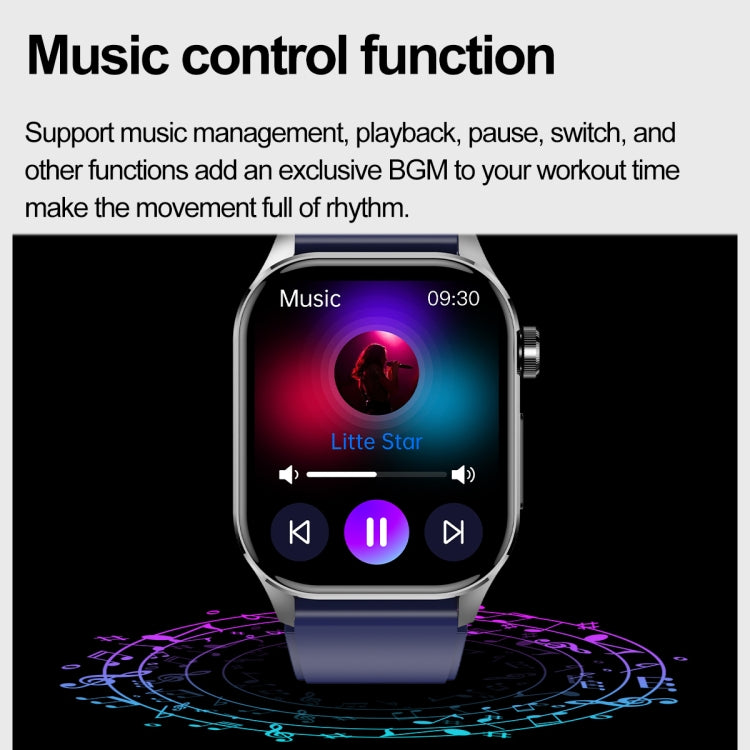 Sports smartwatch with a dark blue band displaying music playback controls