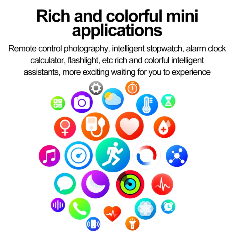 Sports smartwatch feature icons for fitness, music, health tracking, alarms, and utilities