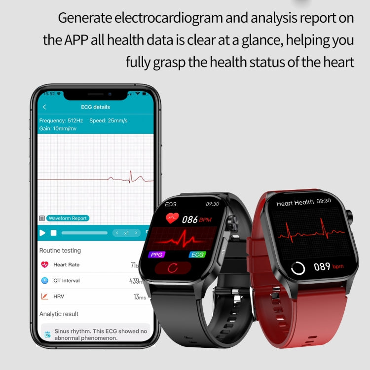 ET580 smartwatches displaying ECG readings beside a phone app