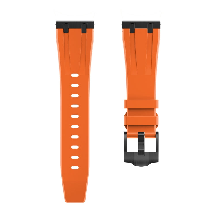 Orange silicone watch band shown in two pieces with buckle and adjustment holes