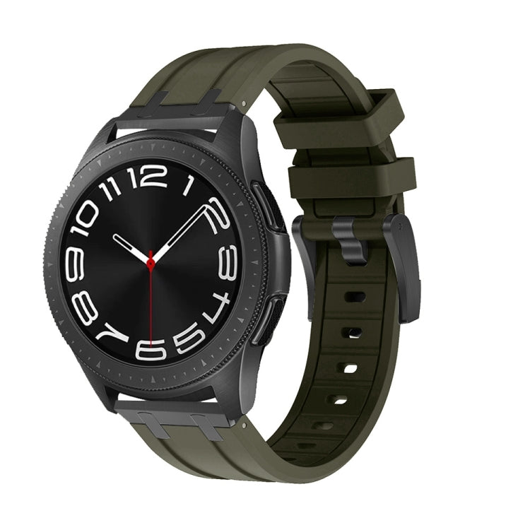 Smartwatch with an olive silicone band, black case, and black dial