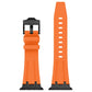 Orange silicone watch band with black buckle and attachment ends