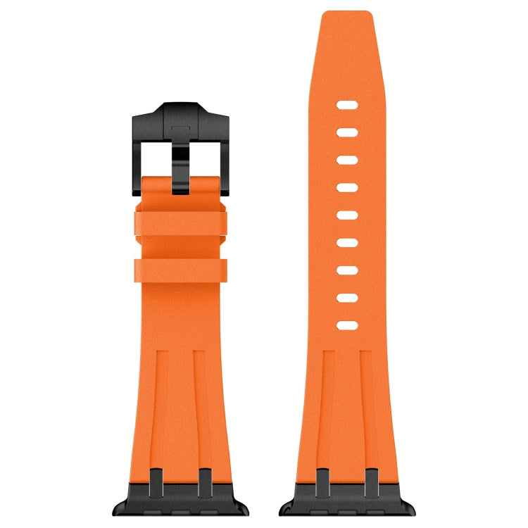 Orange silicone watch band with black buckle and attachment ends