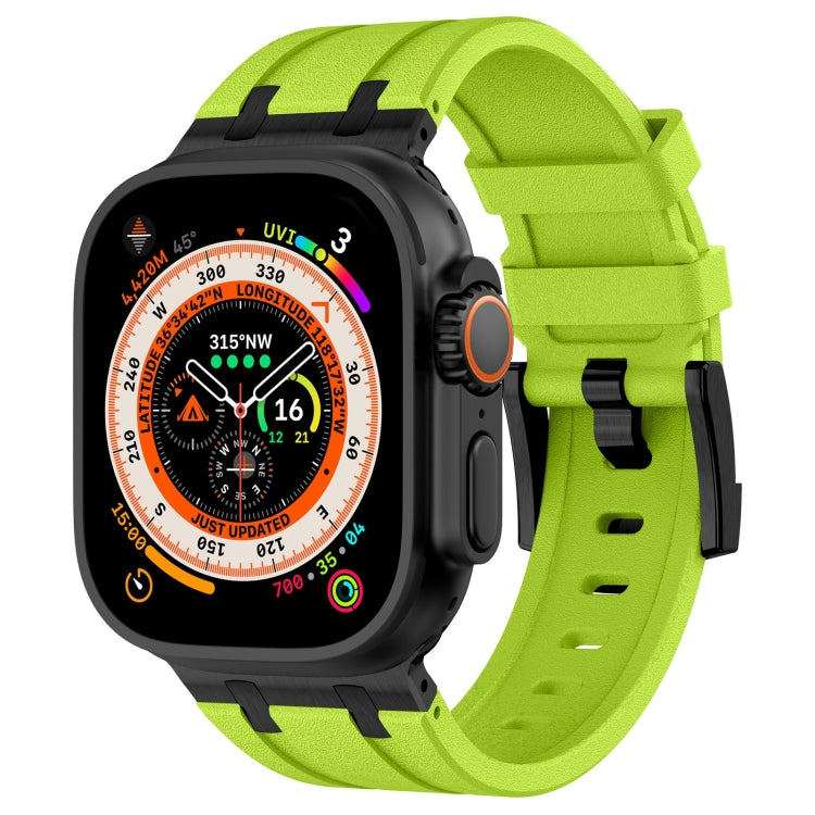 Liquid silicone watch band in lime green with black connectors, shown on a black smartwatch.