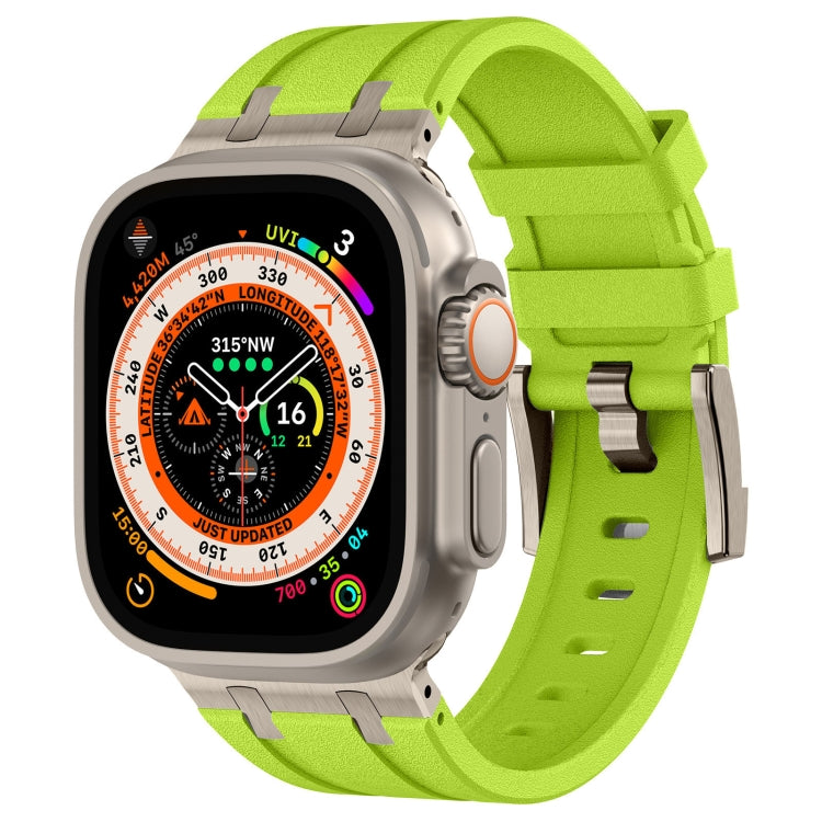 Apple Watch with lime green silicone band, textured surface and adjustable buckle