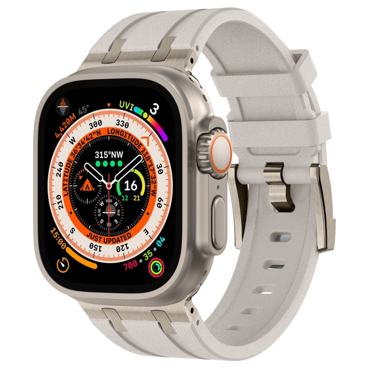 Apple Watch with light gray silicone band, textured surface and adjustable buckle