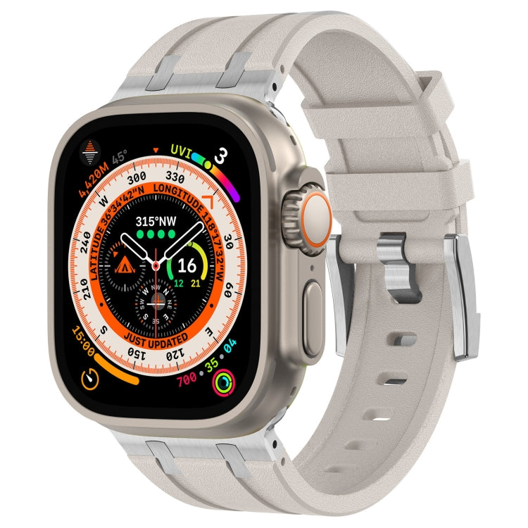 Apple Watch with light gray silicone band and metal connectors