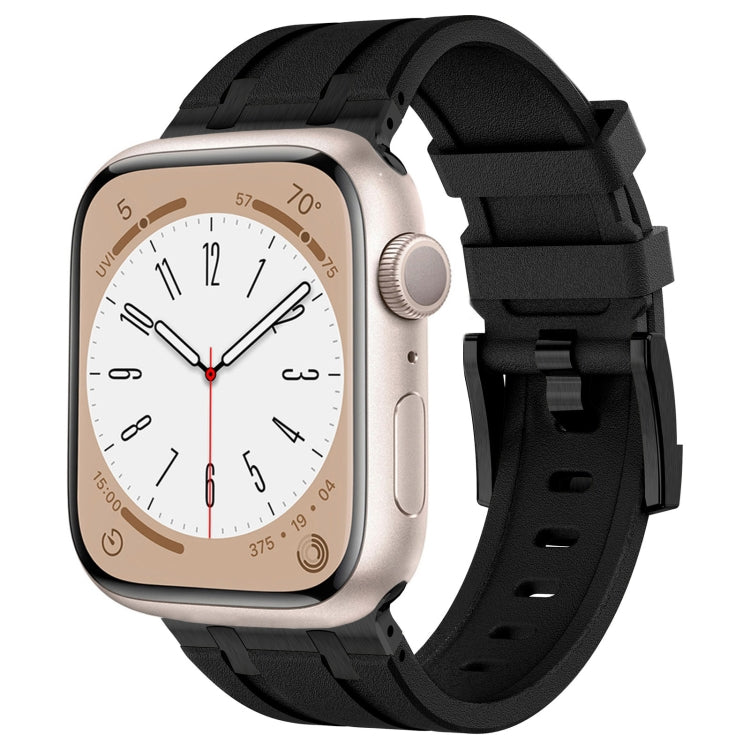 Apple Watch with black silicone band, textured surface and dark connectors