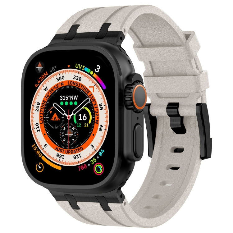 Pale gray liquid silicone watch band with black connectors on a black smartwatch.