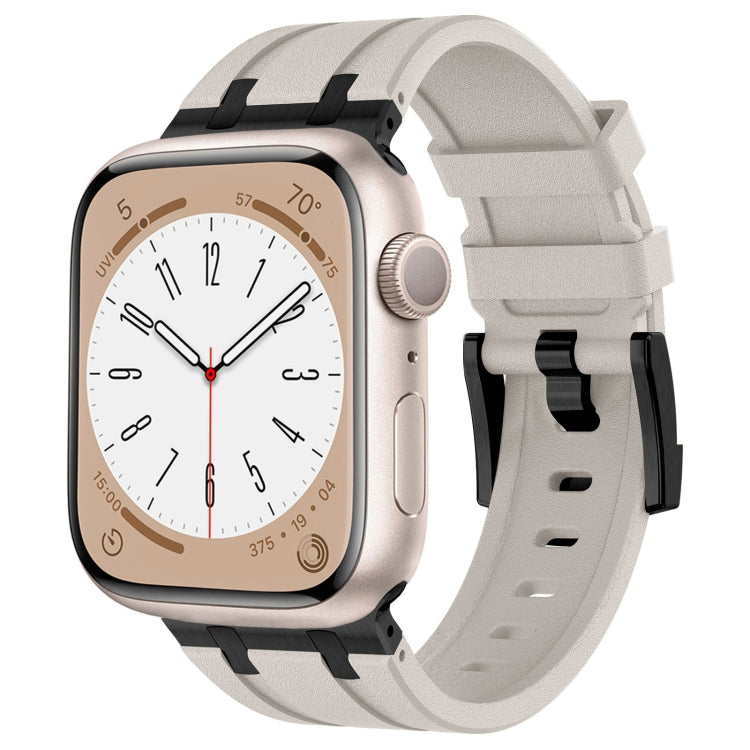 Apple Watch band in light gray silicone with black connector hardware