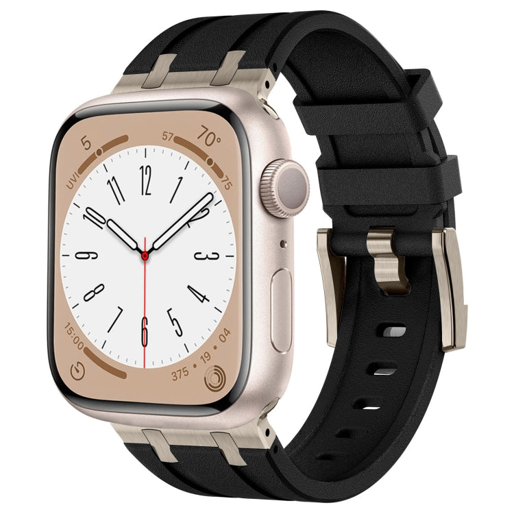 Apple Watch band in black silicone with silver connector hardware