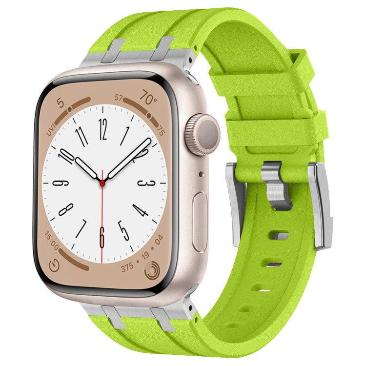 Bright green Apple Watch band with silver lugs and buckle