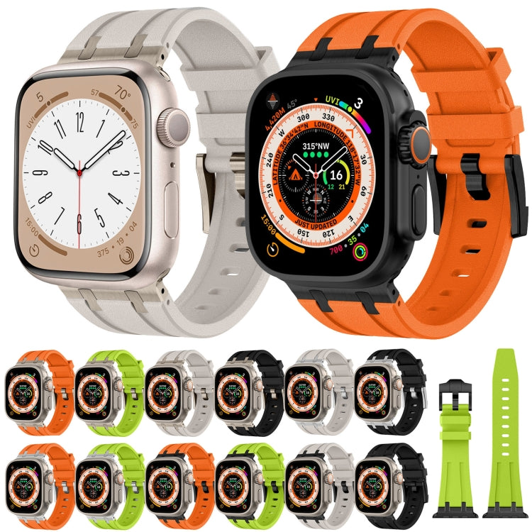 Silicone Apple Watch bands shown in assorted colors with compatible watch models