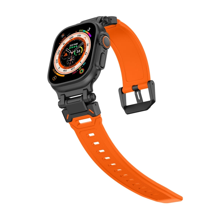 Orange TPU watch band with black hardware on a black Apple Watch