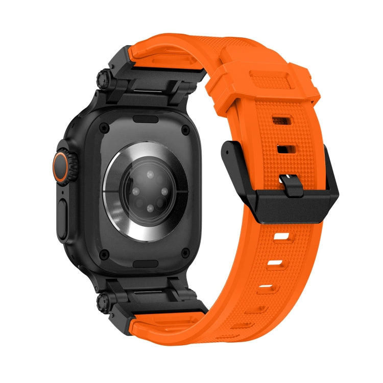 Orange TPU watch band with black buckle, shown on the back of a watch