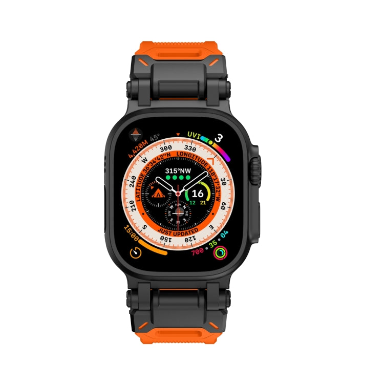 Black Apple Watch with orange-accented TPU band, shown from the front