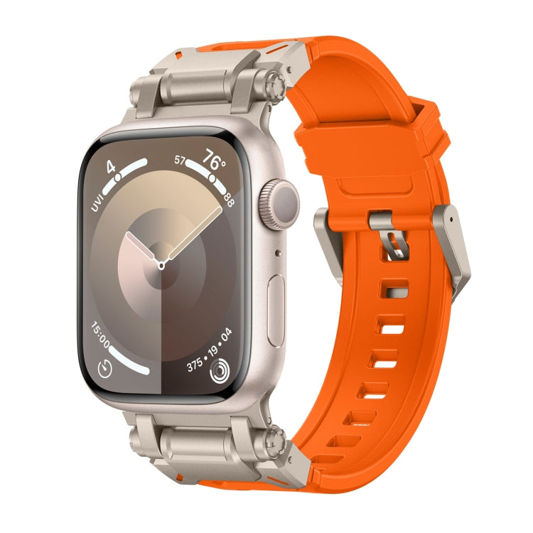 Explorer TPU watch band in bright orange on a light Apple Watch
