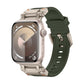 Dark green TPU Apple Watch band with light metallic hardware and a light watch case.