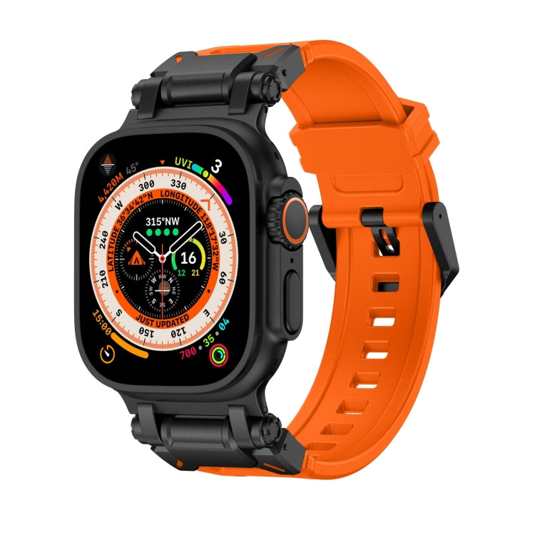 Explorer TPU watch band in bright orange on a black Apple Watch