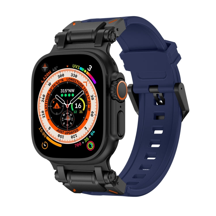 Navy TPU Apple Watch band with black hardware and a dark watch case.