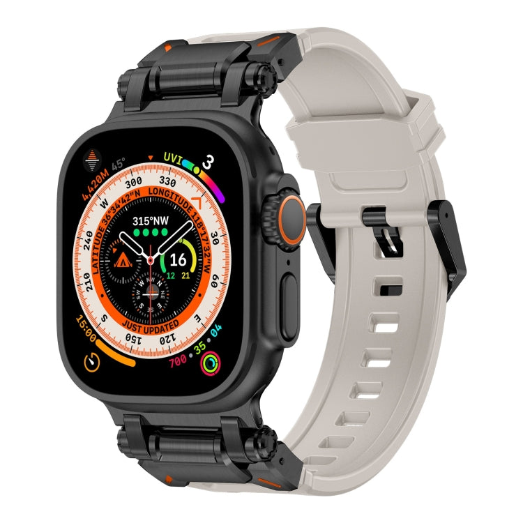 Light gray TPU Apple Watch band with black hardware, shown on a dark watch case.