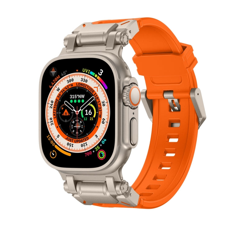 Explorer TPU watch band in bright orange on a light Apple Watch with compass face