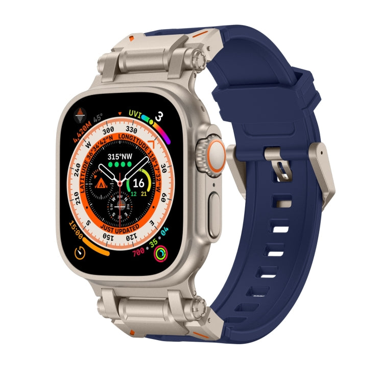 Navy TPU Apple Watch band with light metallic hardware and a light watch case.