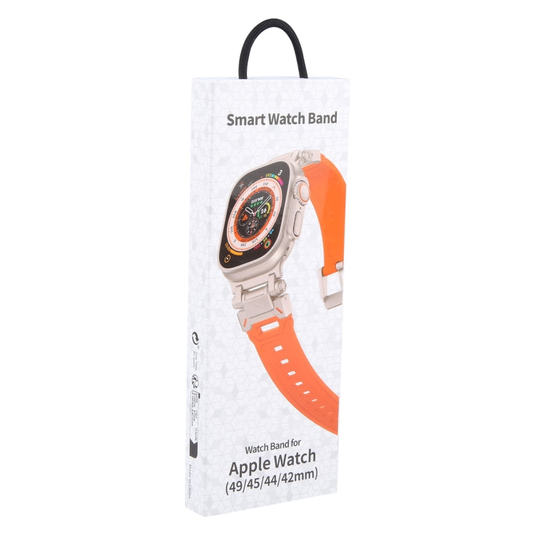 Explorer TPU watch band product box featuring an orange band for Apple Watch