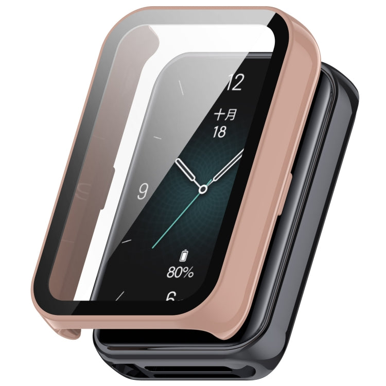 Rose-gold protective watch case with integrated screen protector, shown on a watch